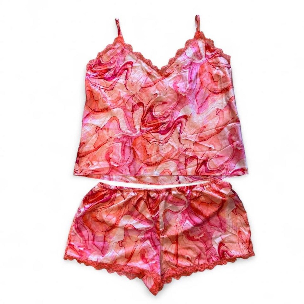 NC Orange Pink Satin Silk Feel Orange Pink Lace Trim PJ Pyjama Set